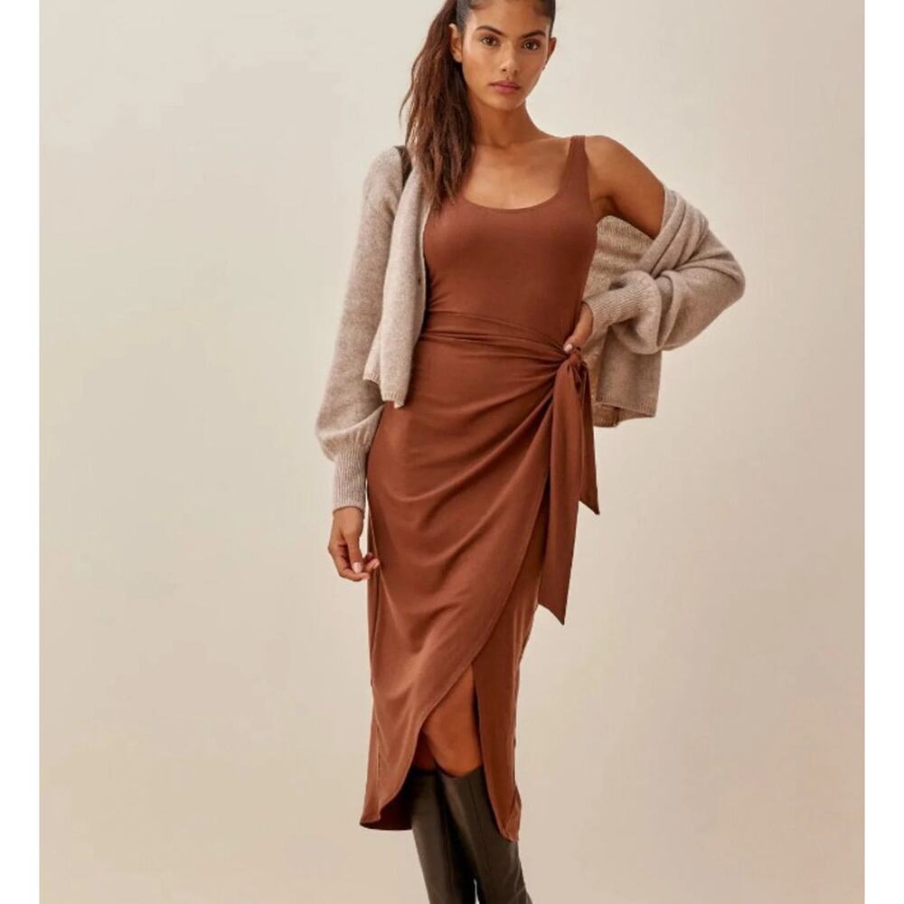 REFORMATION Kaila Jersey Knit Midi Dress Chestnut Brown Small S